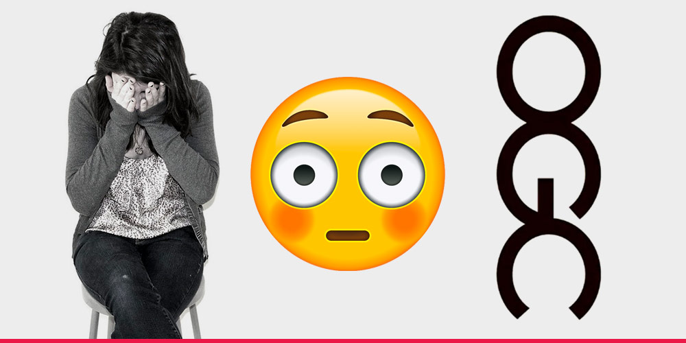 Embarrassed woman, blushing emoji, and awkward business card logo design