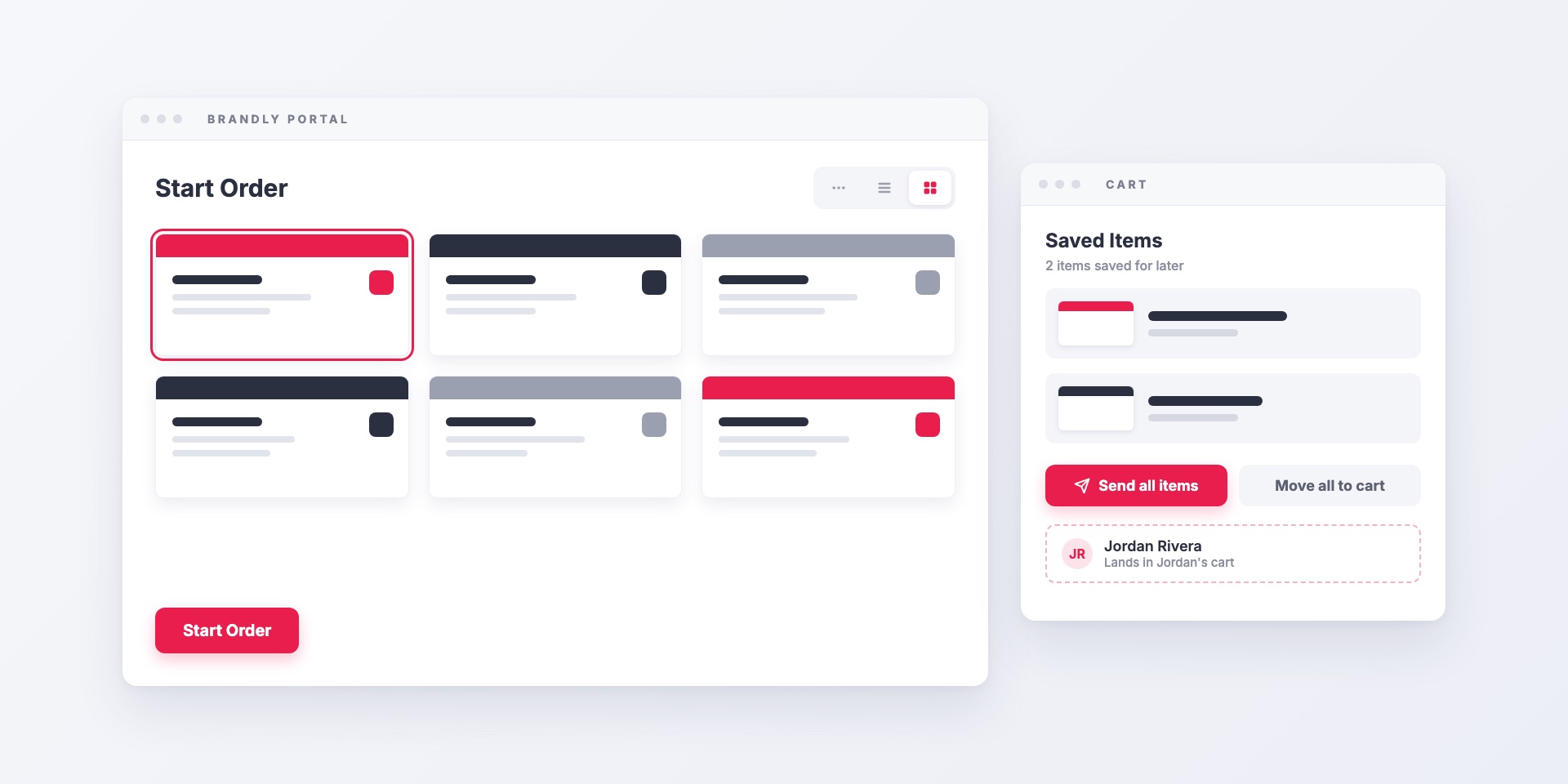 A Brandly portal dashboard showing business card templates in a grid, with row, list and grid view buttons in the header, next to a cart panel with a Send all items button