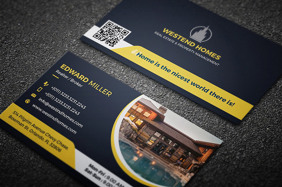 Real estate business card with property photos and QR Codes