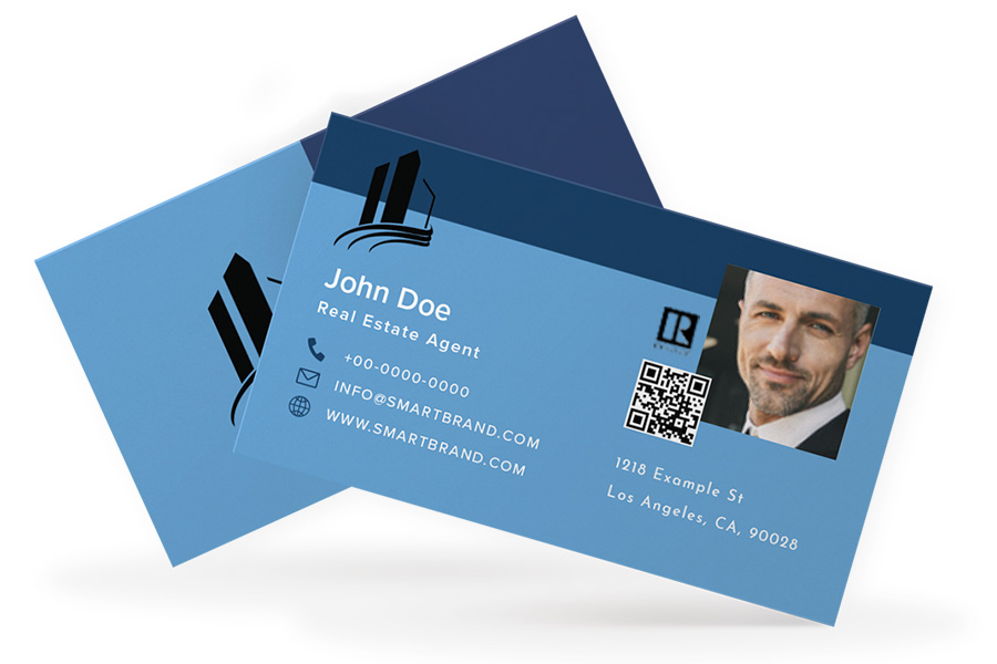 Realtor business card in blue with headshot and QR Code