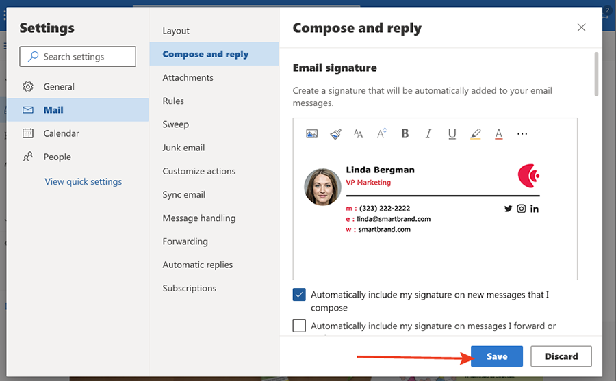 Change Outlook signature step 6