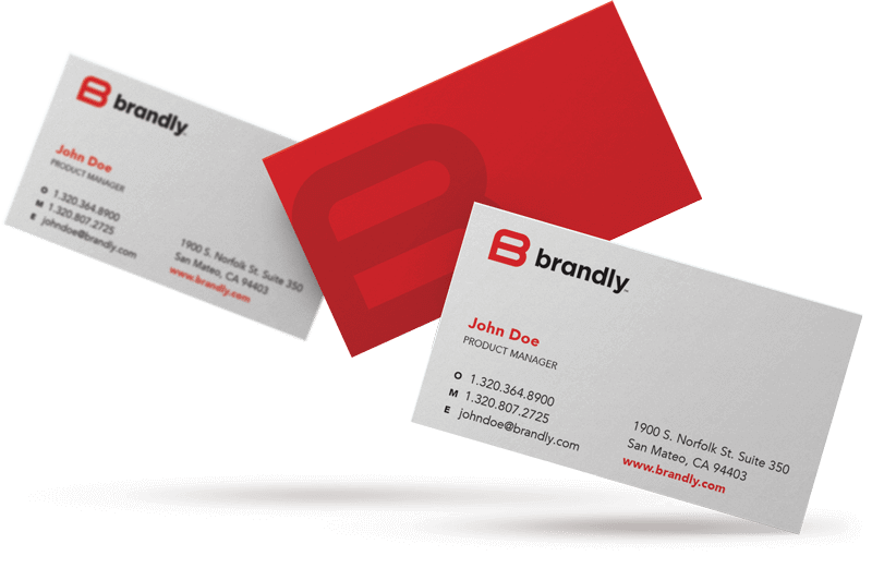 two red and white business cards with the letter b on them.