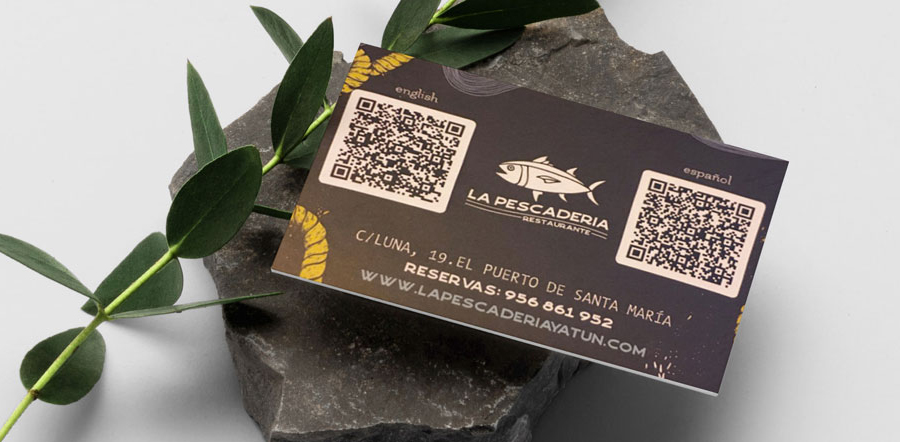Brown restaurant business card with QR Code on a stone with leaf