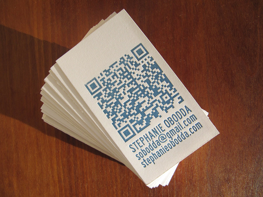 Blue QR Code and contact info on white business card