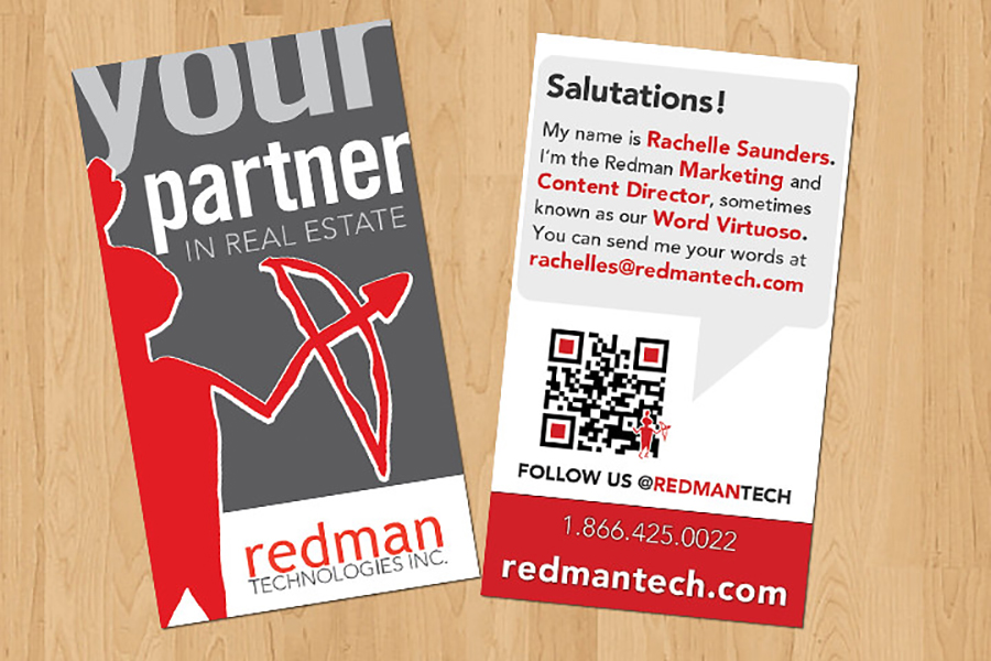Vertical business card in red and grey custom QR code with logo