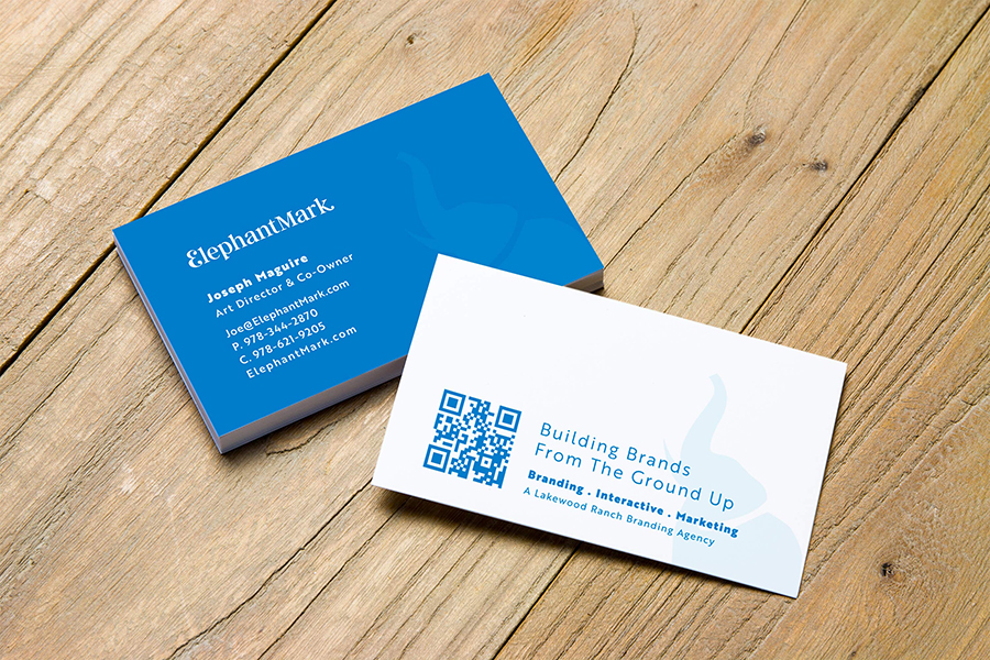 Blue and white business card with QR Code